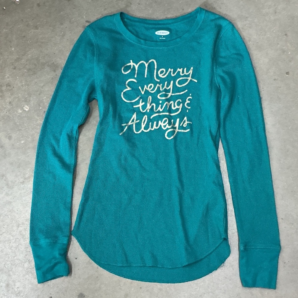 Old Navy Teal Long Sleeve Tee with Festive Script